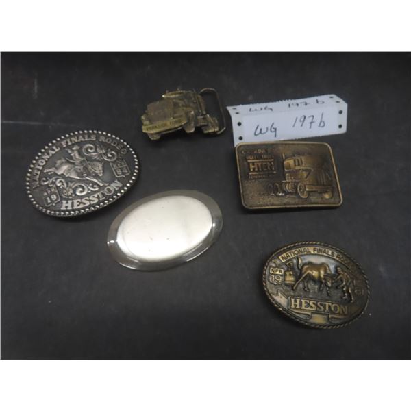 Five Belt Buckles Including Hesston National Finals Rodeo 1981 and 1984, Parkside Ford, and H-TEN H
