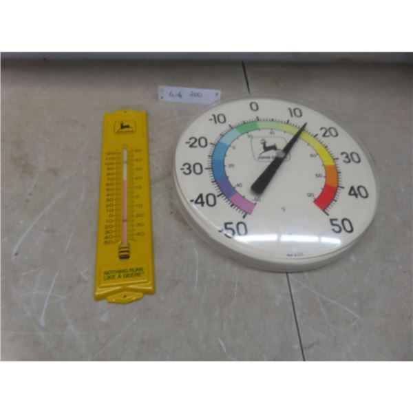 Two John Deere Thermometers: Metal and Plastic 12" Diameter
