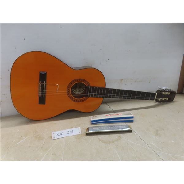 Hondo Acoustic Guitar - Needs Strings and Victory Harmonica