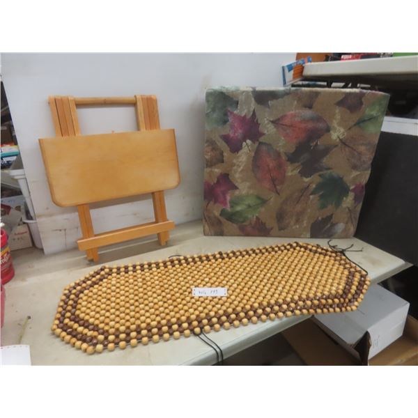 Wedge Pillow, Wooden Folding TV Table, and Wooden Beaded Seat Cushion