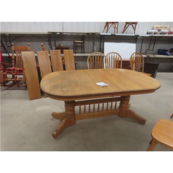 Oak Oval Dining Table With Pedestal, 4 Leaves (10") and Six Matching Chairs