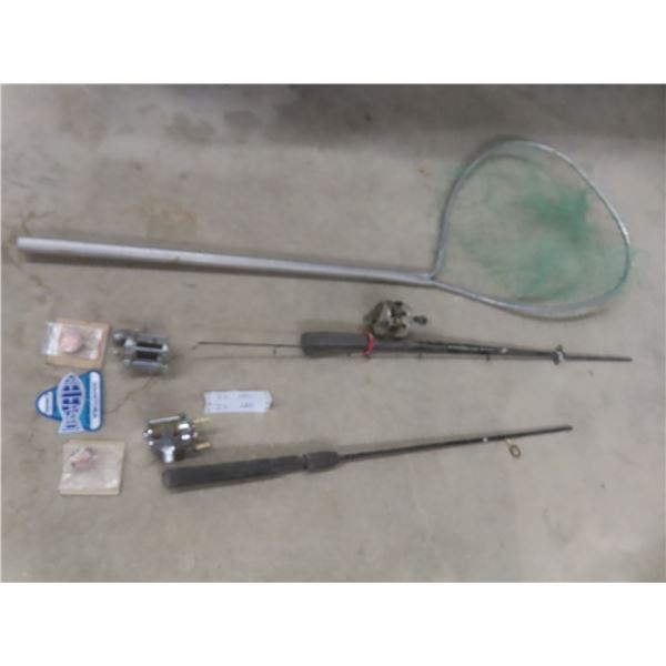 Fishing Rod, Three Reels, Net Needs Repair, Manitoba Master Angler Patch, and Two Button Back Pins