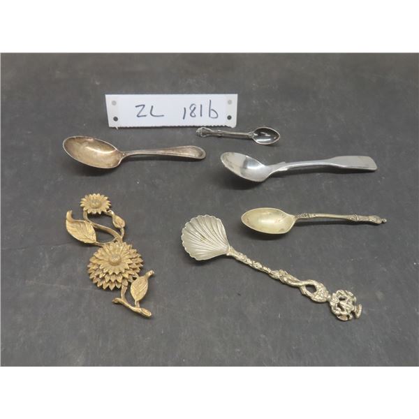 Birks Silver Spoon Brooch, Canadian Curling Spoon, Distressed Scalloped Sugar Spoon, and Antique Br