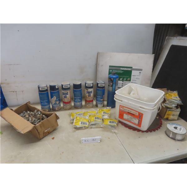 Five Cans Blue Spray Paint, Bottle Propane, Staples, Three-Inch Chain Bolts, Siding Screws, and Fou