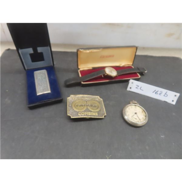 Excalibur Wristwatch, Westclox Pocket Watch No Glass, Sperry New Holland Belt Buckle, and Tanita El