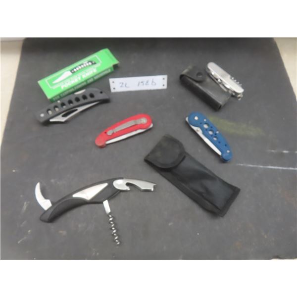 Three Folding Knives and Two Swiss Army Knives