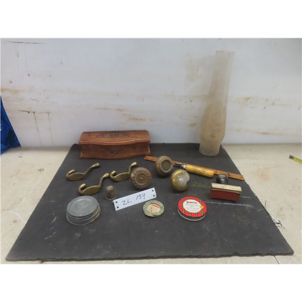Aladdin Lamp Chimney, Brass Coat Hooks, Vintage Door Knobs, Scotch Tape Tin Ruler With Fulkerson Dr
