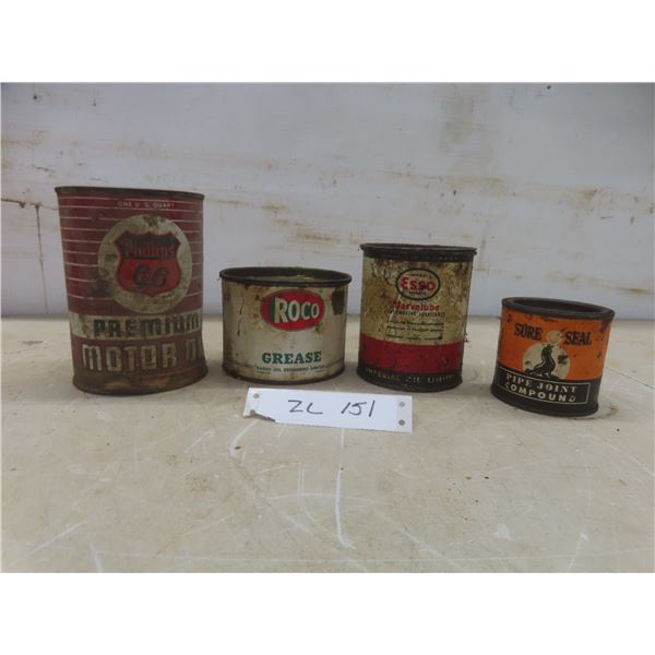 Four Vintage Cans Including Phillips 66 Quart Can, Rico Grease, Esso Marvellube, and Sure Seal Pipe