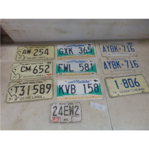 Ten License Plates Including 1971 Manitoba, Motorcycle Plate, Two Ontario, and 1976 Saskatchewan