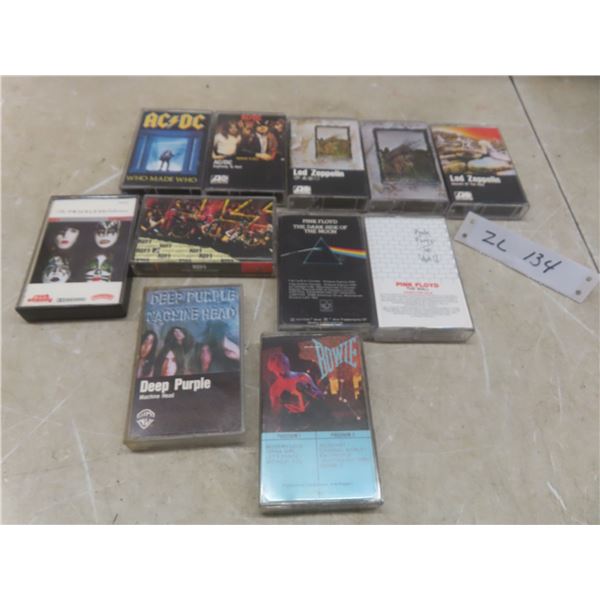 Eleven Rock Cassettes Including Led Zeppelin, AC/DC, Kiss, Pink Floyd, and Deep Purple