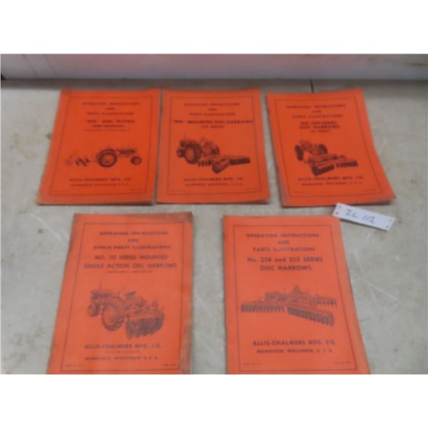 Five Allis-Chalmers Tractor Implement Manuals Including Disc Plows and Harrows
