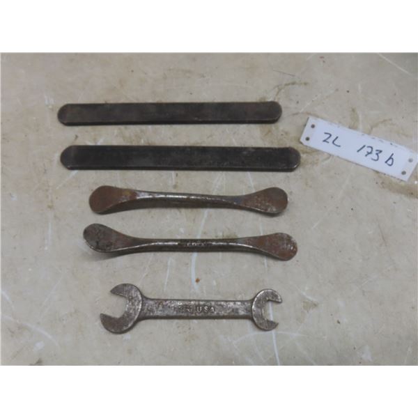 2 Vintage Motorcycle Tire Changing Tool, Two Dunlop Tire Levers, and Ford Wrench