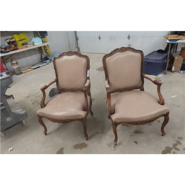 Two Leather and Wood Arm Chairs, Very Detailed