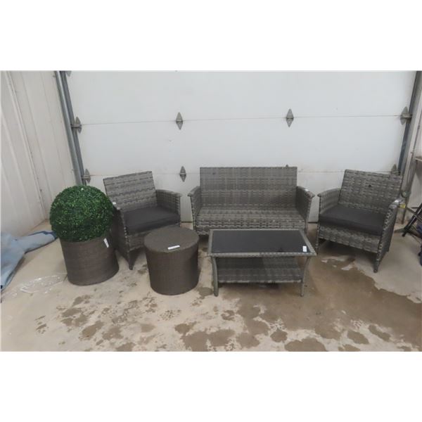 Six Piece Sunroom Or Patio Wicker Style Set - 2 Arm Chairs, 2 Stands, Décor