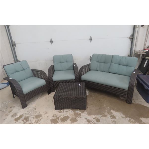 Five Piece Wicker Sunroom Or Patio Set  - 2 Chairs, Coffee Table and Ottaman