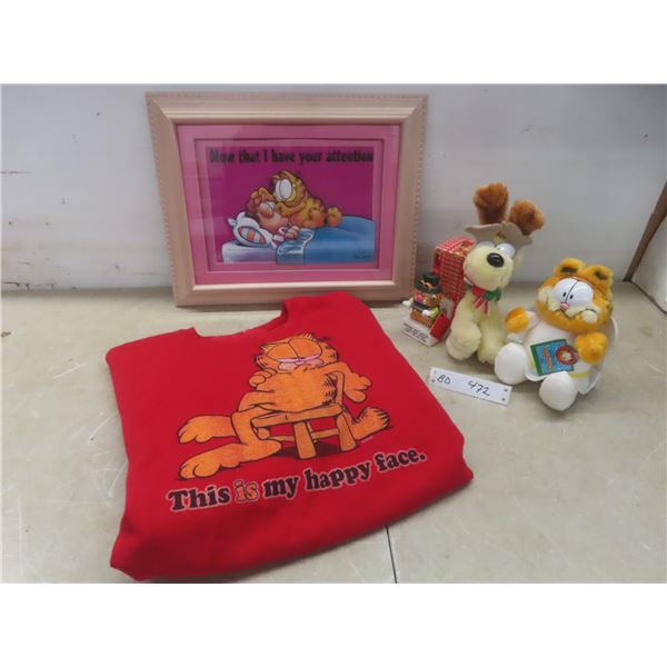 Vtg Garfield Lot Incl 3D Picture in Frame, Ornament in Box, Plush and Adult Large Sweatshirt