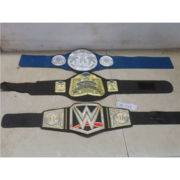 Three WWE Vtg Wrestling Championship Belts Incl Two Tag Team and One Heavyweight by Mattel 2014
