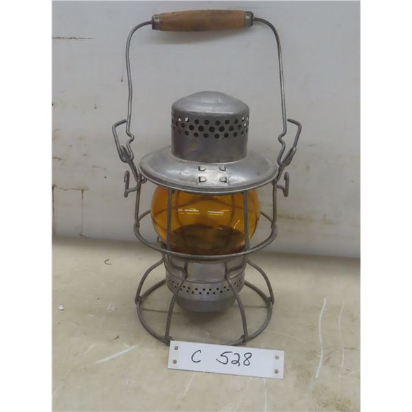 Antq CPR Railroad Lantern w/ Amber Glass, 10" High w/ Handle