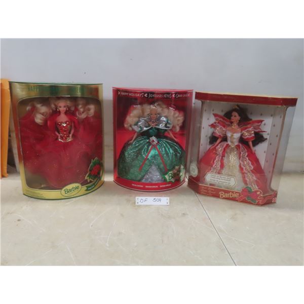 Three Collectible Barbies, Happy Holiday Edition, in Original Box