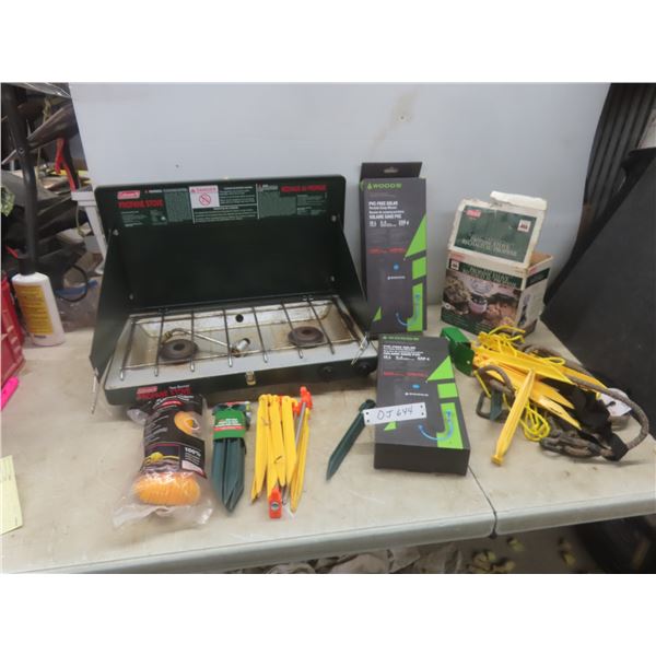 Coleman Propane Stove, Tent Pegs, Rope and Two Portable Camp Showers