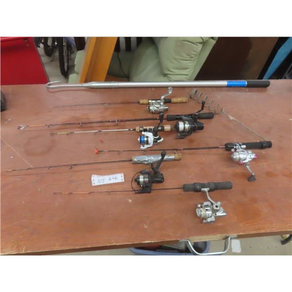 Six Ice Fishing Rods, Six Reels and Landing Net