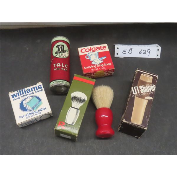 Vtg Shaving Supplies Incl Talc, Two Mug Shaving Soaps w/ Original Box, Two Brushes, One w/ Box