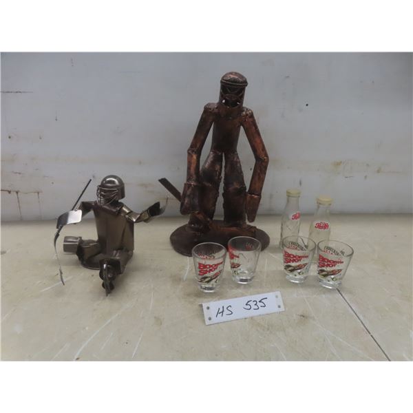 Two Custom Made Metal Sculptures, 11 1/2" and 6 1/2" Tall, and Four Shot Glasses