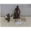 Image 1 : Two Custom Made Metal Sculptures, 11 1/2" and 6 1/2" Tall, and Four Shot Glasses