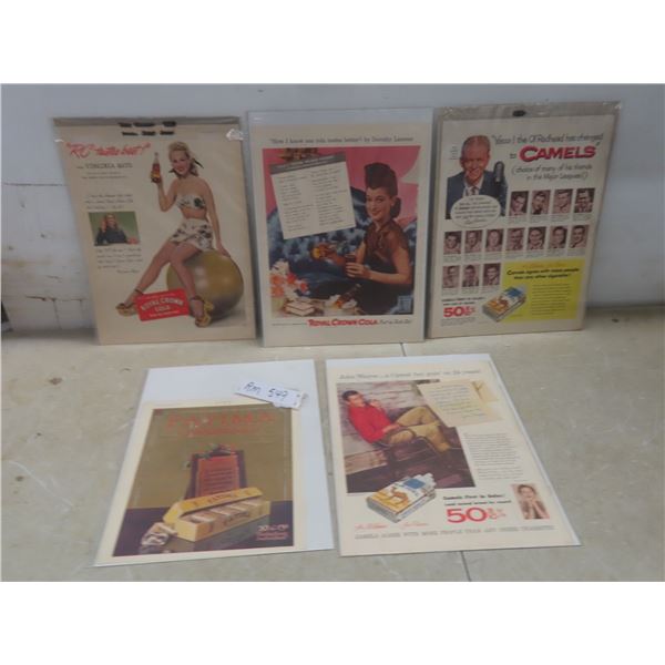 Five 1940s Royal Crown Cola and Camel Tobacco Advertising Prints