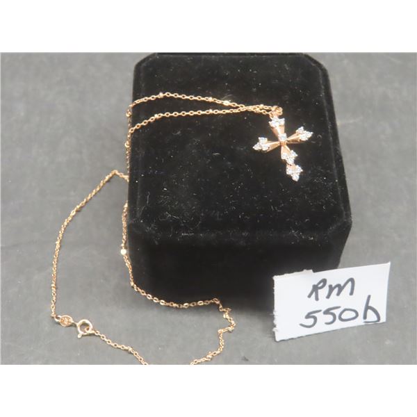 New 18K Gold Plated 32.0MM Simulated Diamond CZ Cross Necklace, Chain 17" Long