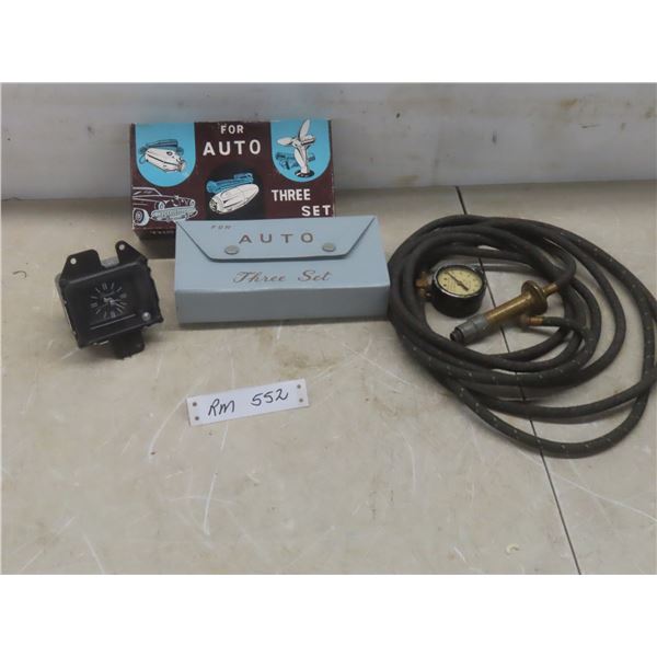 Vtg Auto Spark Plug Tire Pump, Dash Clock and Glove Box Accessory Set
