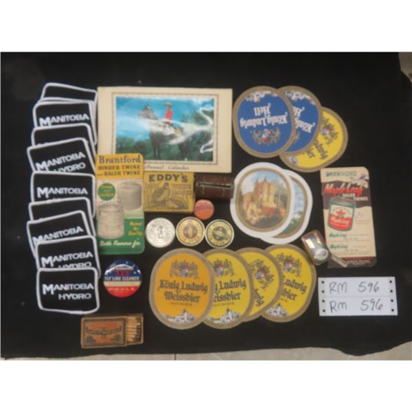 Two Vtg Brantford Booklets, Seven General Store Tins, Two Match Boxes, RCMP Picture