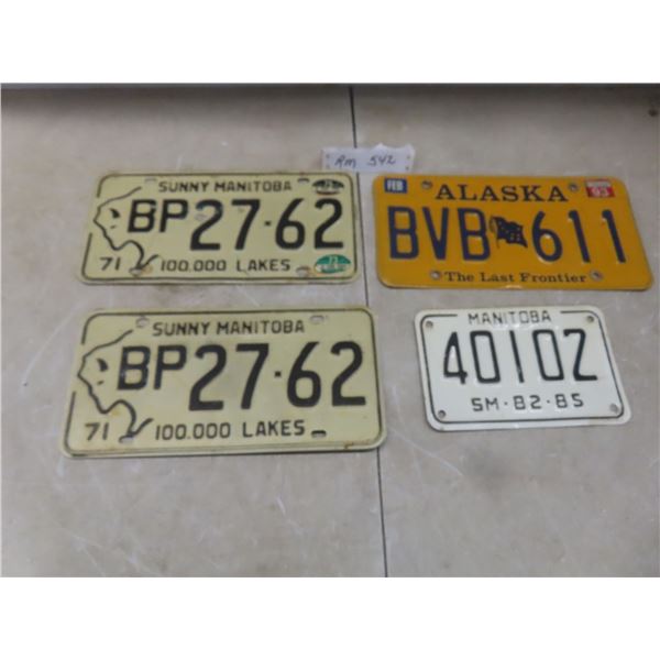 Four Vtg License Plates, Buffalo Manitoba, Alaska and Snowmobile