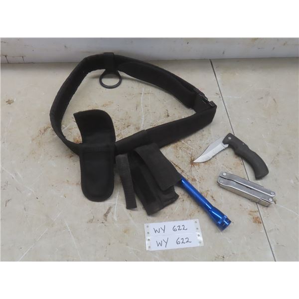 Tool Belt w/ Working Flashlight, Folding Knife and Multi-Tool