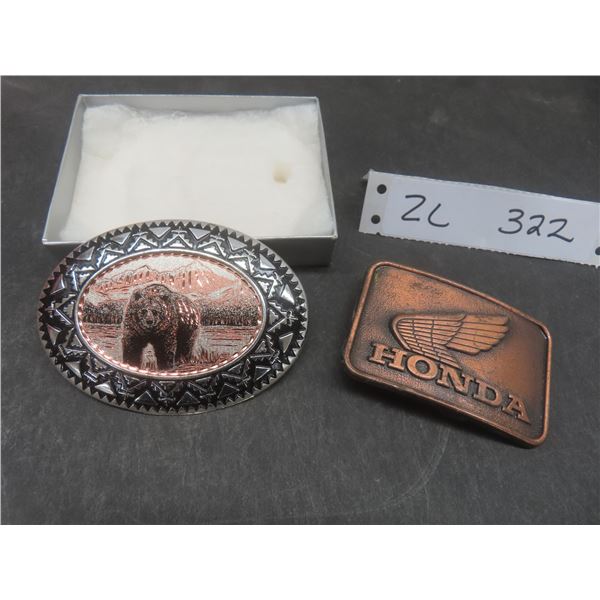 2 Belt Buckles: Brass Honda Goldwing and Western Style w/ Grizzly Bear