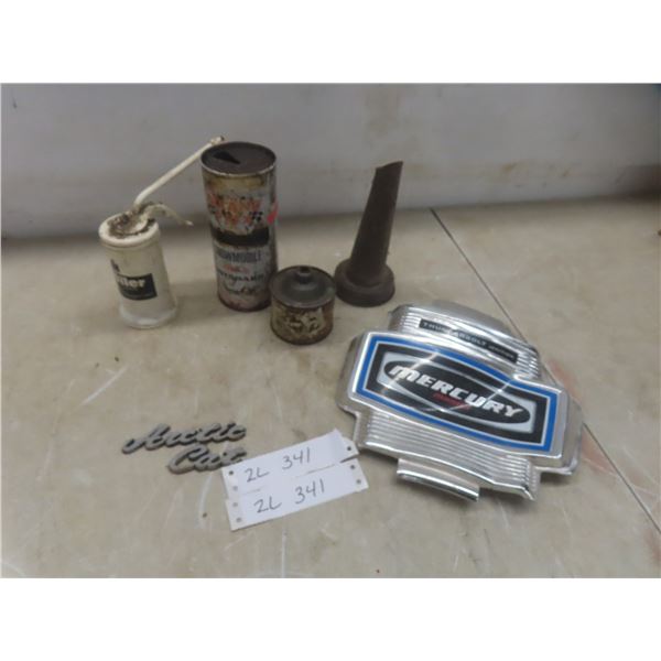 Grand Prix Snowmobile Oil Tin Arctic Cat Emblem Mercury Marine Medallion (has damage) and More