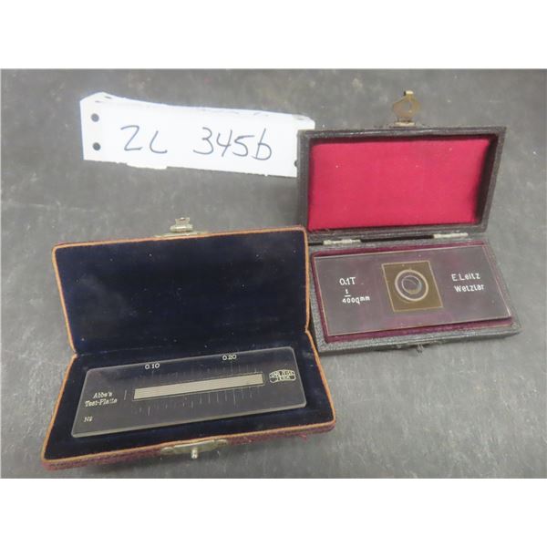 Vtg E Leitz Wetzlar Microscope Stage Micrometer Slide w black case & Abbes Test Plate Optical