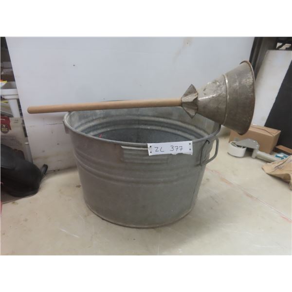 Galvanized Tub & Vtg Clothes Plunger