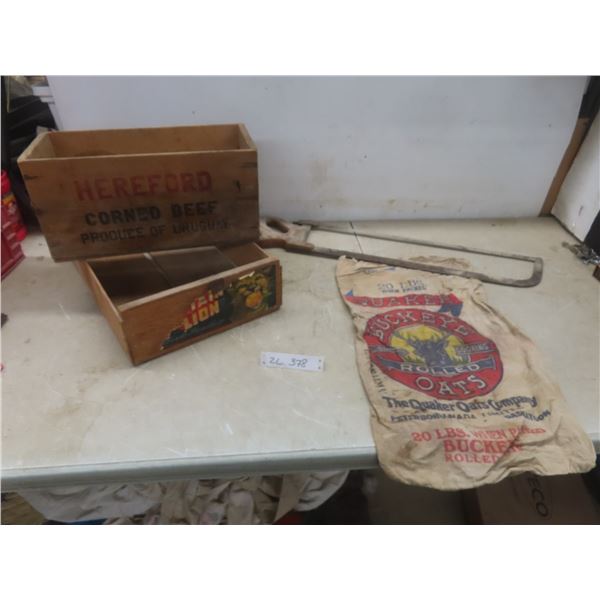 Meat Saw, Empty 20 lb Sack Quaker Buckeye Rolled Oats, and Hereford Crate (8" x 15" x 7")