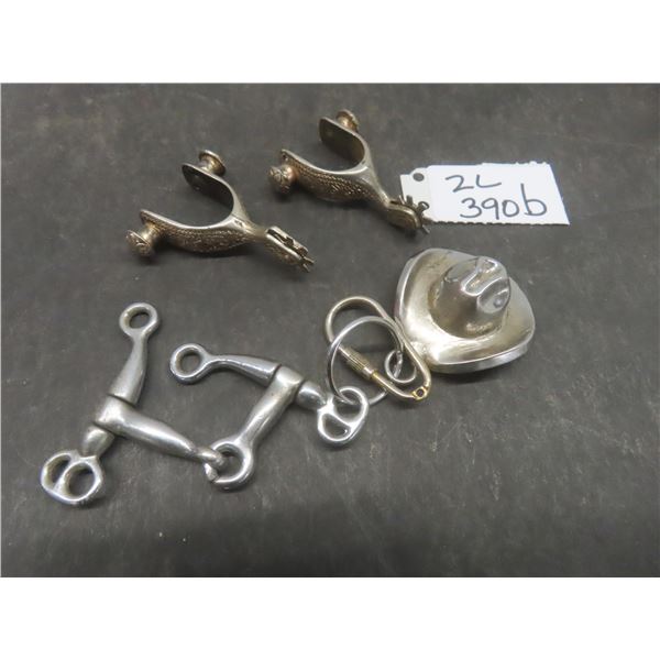 Miniature Replica Spurs, Tom Thumb Horse Bit, and Cowboy Hat