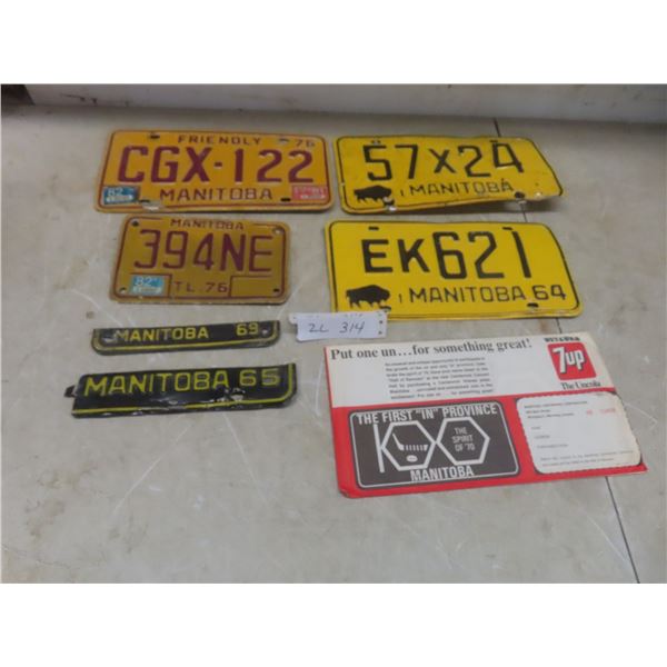 Four Manitoba License Plates (1976, 1964 Pair, 1965, 1969) Plus Novelty Plate in Original Packaging
