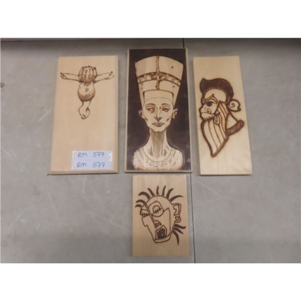 4- Vintage Wood Burning Art Work Pictures, Inca Warrior Viking, Ragdoll, Neferti Pharaoh