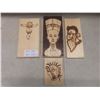 Image 1 : 4- Vintage Wood Burning Art Work Pictures, Inca Warrior Viking, Ragdoll, Neferti Pharaoh