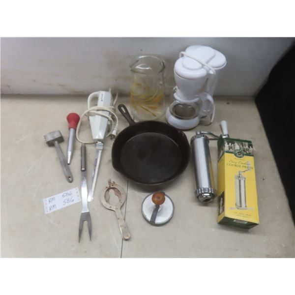 Vintage Cast Iron Fry Pan, Utensils, Cutting Knife, Cookie Press, Glass Wheat Jug, Coffee Maker