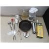 Image 1 : Vintage Cast Iron Fry Pan, Utensils, Cutting Knife, Cookie Press, Glass Wheat Jug, Coffee Maker