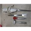 Image 2 : Vintage Cast Iron Fry Pan, Utensils, Cutting Knife, Cookie Press, Glass Wheat Jug, Coffee Maker