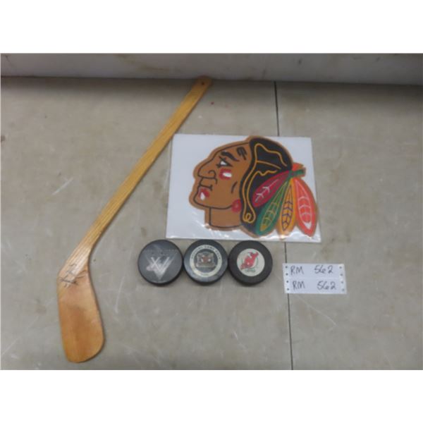 Vintage - 3 Hockey Pucks, Devils, Sharks & Moose, Autographed Stick & Chicago Black Hawks Crest
