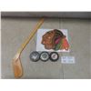 Image 1 : Vintage - 3 Hockey Pucks, Devils, Sharks & Moose, Autographed Stick & Chicago Black Hawks Crest