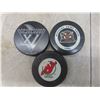 Image 4 : Vintage - 3 Hockey Pucks, Devils, Sharks & Moose, Autographed Stick & Chicago Black Hawks Crest