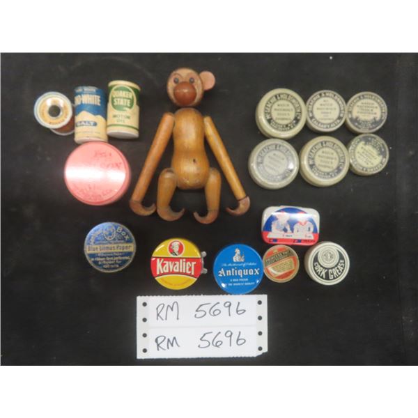 6- Antique Watch Repair Tins, 10 Quack Medicine Tins, & Old Danish Wooden Lucky  Hanging Monkey